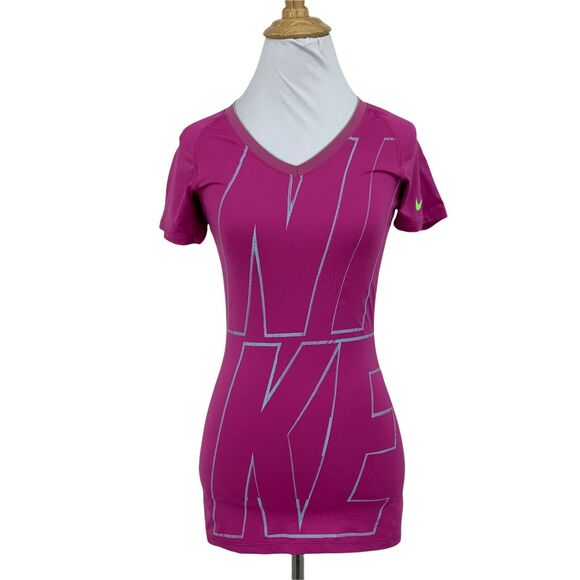 Nike Pro Dri Fit Shirt Women's Size XS Fitted V Neck Short Sleeve Pink Spellout - Picture 1 of 10
